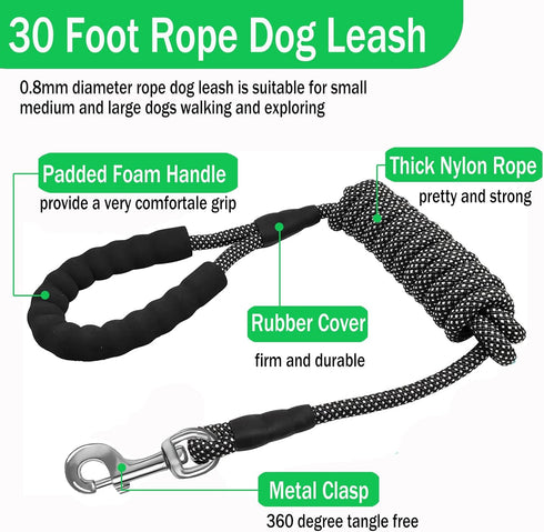Heavy Duty Long Dog Leash 30 feet Long Leash for Dogs Outside, Reflective Long Dog Leash Long Line Dog Leash Check Cord Rope with Swivel Hook and Comfortable Padded Handle for Large Medium Small Dog