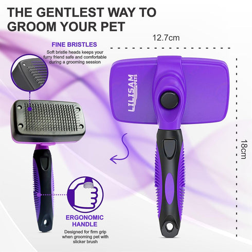 LILISAM Pet Self Cleaning Slicker Brush and Grooming Comb - Gently Removes Loose Hair, Tangles, and Dirt - Skin