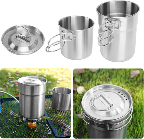 Set,Stainless Set Set Backpacking Zerodis Camping Cook Steel Outdoor Cookware with Lid Foldable Camping Pot and Pan