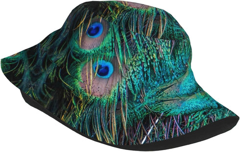 Peacock Feathers Bucket Hat for Men Women Printed Fisherman Hat Packable Sun Cap Travel Outdoor Beach Caps