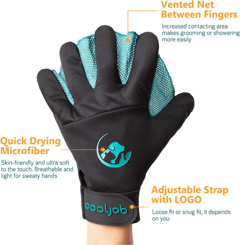 COOLJOB Pet Grooming Gloves, Reusable Washable Cleaning Brush, Hair Remover for Dogs, Cats, Horses, Medium, Blue Black