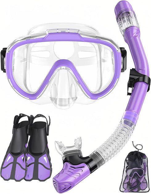 Snorkel Set with Fins for Adults, Snorkeling Gear Combo Set with Dry Top Snorkel Mask and Travel Bag for Swimming
