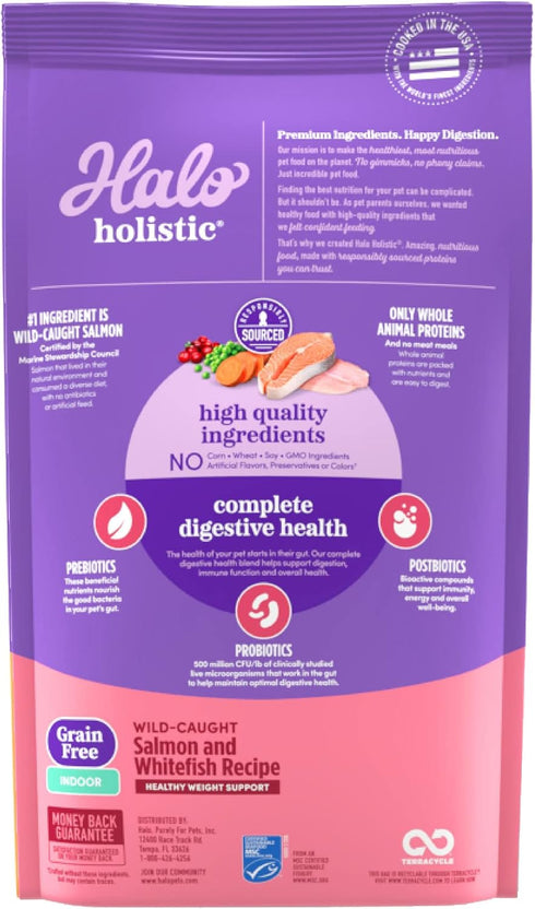 Halo Holistic Indoor Cat Food Dry, Grain Free Wild-Caught Salmon & Whitefish Recipe for Healthy Weight Support, 6-lb Bag