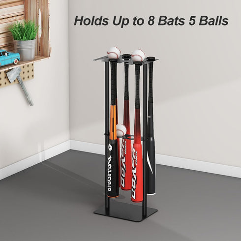 Free Standing Baseball Bat Holder for Storage, Holds 8 Bats and 5 Balls, SUS304 Metal Softball Bat Display