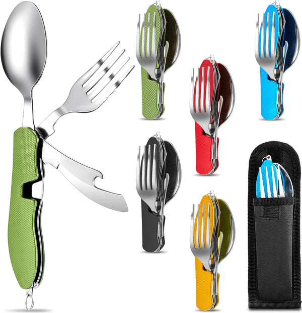 Folding Camping Utensils Cutlery Set, 4-in-1 Stainless Steel Spoon Fork Knife Bottle Opener, 5 Pcs, Red, Green, Black,