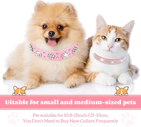 2 Pieces PU Leather Dog Collar, Pink Rhinestone Pet Collar with Flower Pattern, Adjustable Bling Puppy Collar (S:11-13