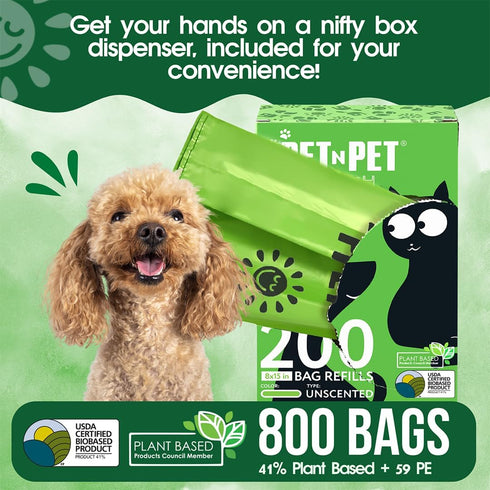 800 Counts 41% 59% Pet N Pet Unscented Dog Poop Bags Rolls with Tie Handles, Plant Based & PE Poop Bags for Dogs