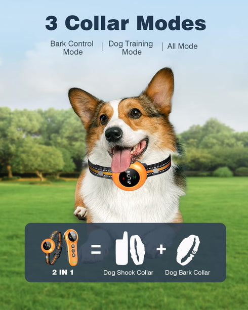 2-in-1 Smart Dog Shock Collar & Bark Collar with 3300FT Remote, IP67 Waterproof (Orange)