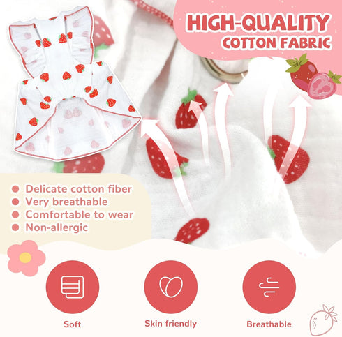 Dog Dresses for Small Dogs Girl | Cute Cotton Strawberry Printed Birthday Outfit for Small Puppies, White XS