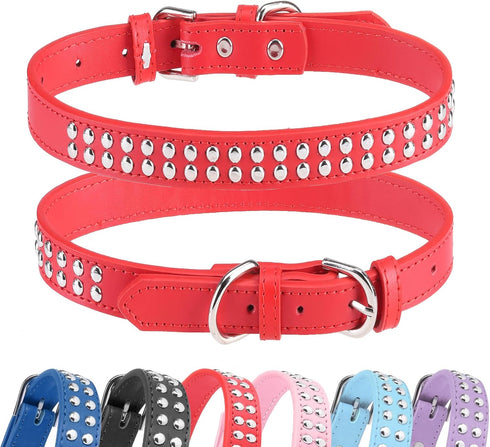 BINGPET Adjustable Leather Dog Collar, Real Split PU Leather Studded Pet Collar for Small Medium Large Dogs - RED L