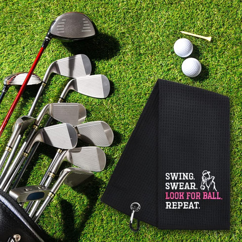 Hafhue Swing Swear Look for Ball Repeat Funny Golf Towel, Gifts for Golf Fans, Men and Women