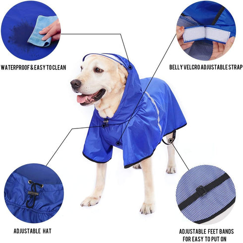 Dog Raincoat for Large Dogs, Adjustable Belly Strap Rain Jacket with Leash Hole - Waterproof Lightweight Breathable