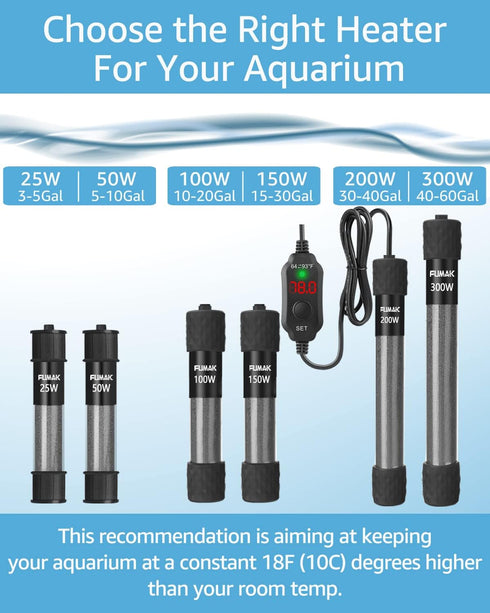 Fumak 50W Adjustable Aquarium Heater, Super Short Submersible Fish Tank Heater with LED Digital Display for 5-10 Gallons
