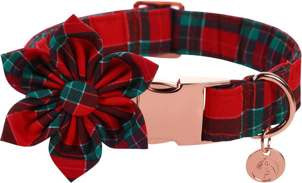 DOGWONG Christmas Dog Collar with Flower, Soft Durable Adjustable Cotton Red Green Tartan for Small Medium Large Dogs