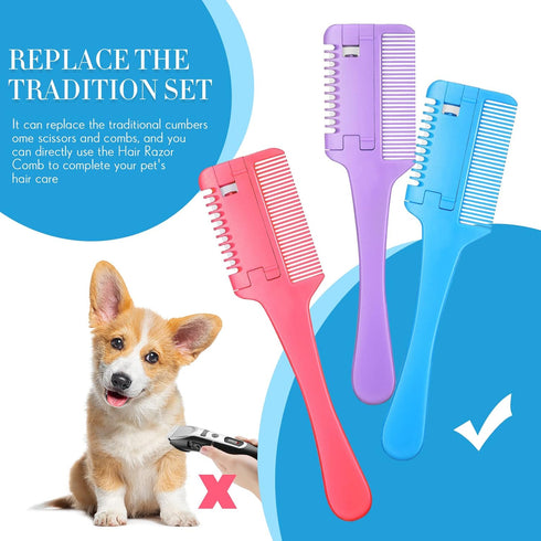 3 Pcs Pet Dog Cat Razor Comb with 50 Pcs Replacement Razors, Double Sided Hair Trimmer Tool (Pink, Blue, Purple)