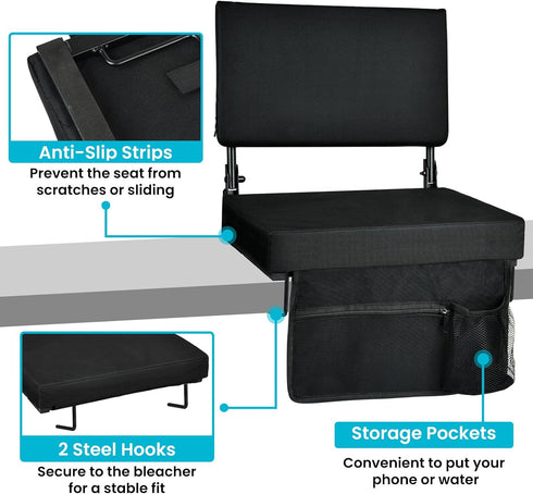 Support(16.5L 13.4W 15H), 360 Stadium Seats with Back Adjustable Backrest Stadium Chair with Shoulder Strap & Storage