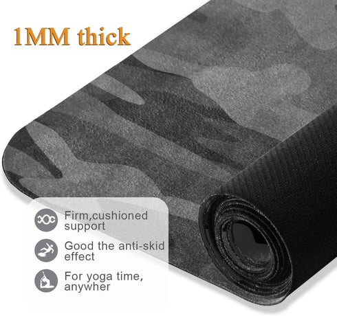 Yoga Mat in Charcoal Black Grey Camo, Eco-Friendly Non-Slip Portable Fitness Mat for Workouts