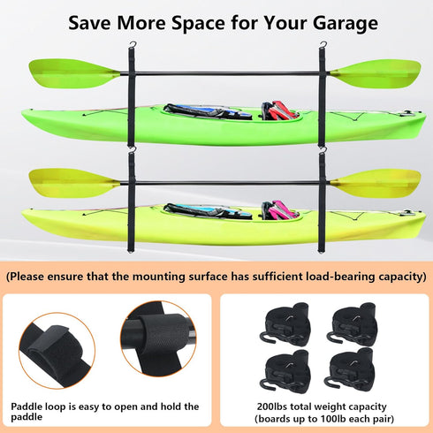 Kayak Storage Strap System with Adjustable Hanging Straps for 1 or 2 Kayaks, Paddle Board, Canoe