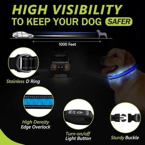 Led Glowing Dog Collars, Lighted Rechargeable Glow Collar for Night, Light Up Dog Collar for Small Dogs (Blue, Pack of