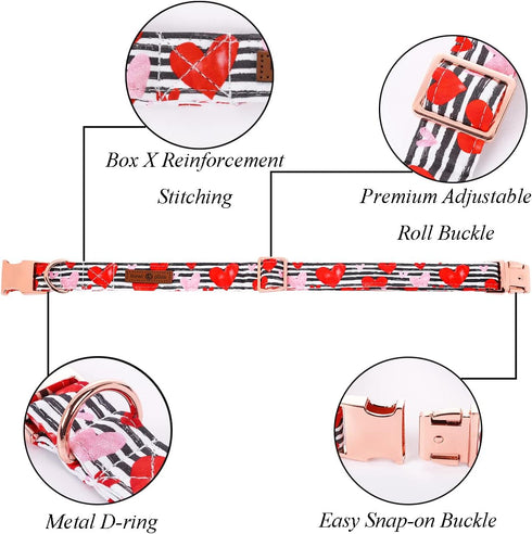 Lionet Paws Valentine Day Dog Collar, Heavy-Duty Cute Red Heart pattern Fabric Pet Collar with Metal Buckle Necklace for Small Gift, Neck 10-16 inches