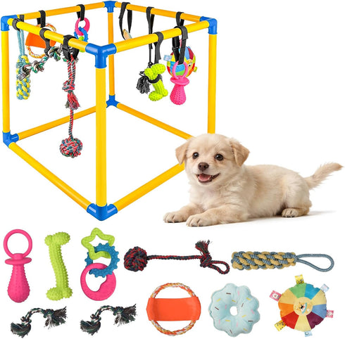 Wovelli Puppy Play Gym with 10 Hanging Toys, 19.5" PVC Removable Dog Enrichment