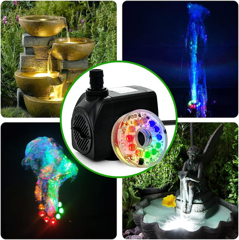 PULACO 10Watt 160GPH Submersible Fountain Pump with Automatic Color Changing LED Light