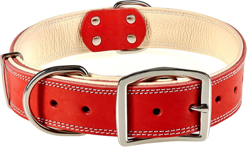 ADITYNA Heavy-Duty Premium Red Leather Dog Collar for Large Dogs - Padded for Walking, Training, Playing