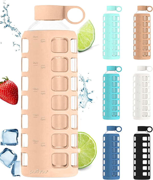 purifyou Premium Glass Water Bottles, 40oz Reusable Drinking Bottle with Silicone Sleeve