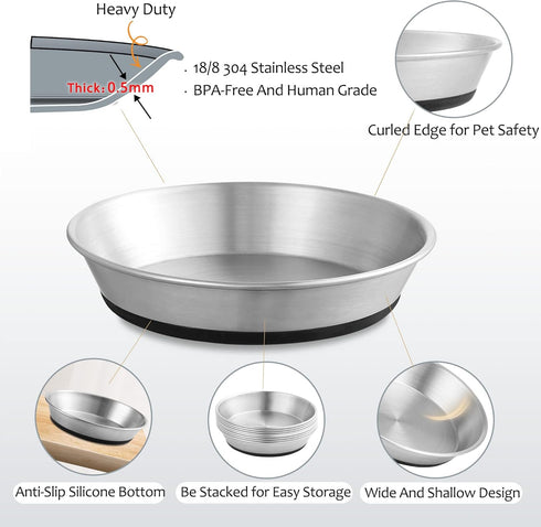 Stainless Steel Cat Bowls, Whisker Friendly Shallow Dishes for Food and Water, Non-Slip Silicone Bottom, 2 Pack