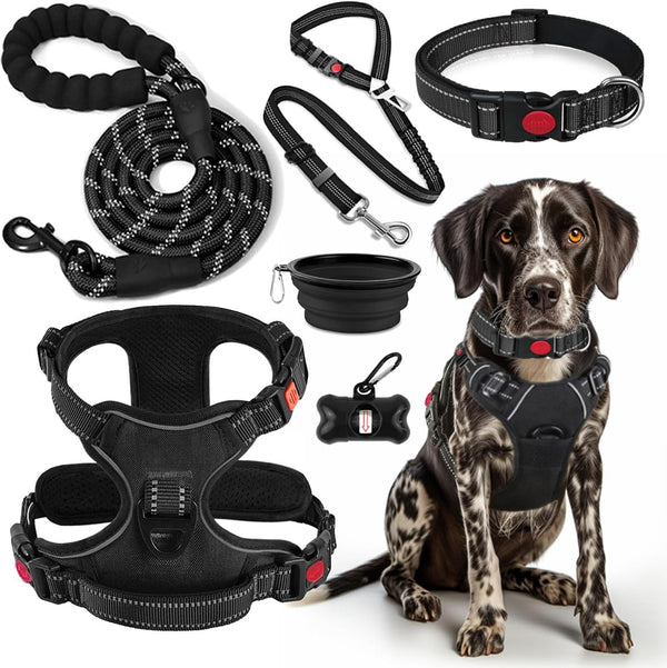 No Pull Dog Harness, Collar & Leash Set with Dog Seat Belt, Collapsible Bowls & Poop Bag Dispenser for Small to Large