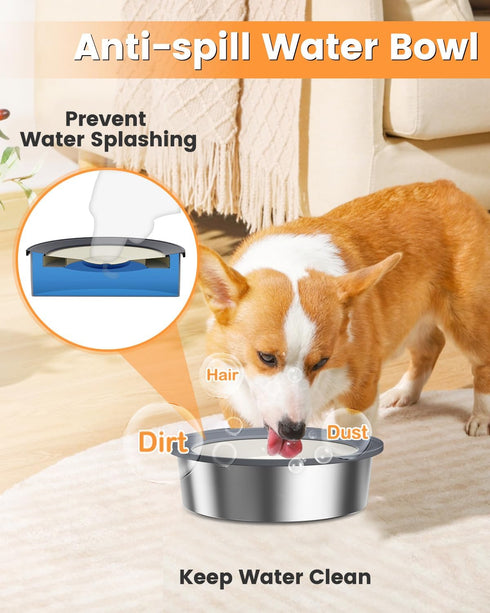 No Spill Dog Water Bowl, 1.5L Stainless Steel Slow Drinking Water Dish Dispenser, Fits into Elevated Pet Feeder, Spilling Drip & Splash Proof Slobber Stopper for Dogs Cats Messy Drinkers