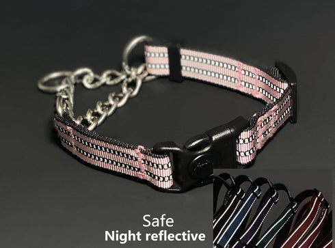 Martingale Collars for Dogs: Heavy Duty Stainless Steel Chain Training Collar, Adjustable Reflective Nylon (Pink, S)