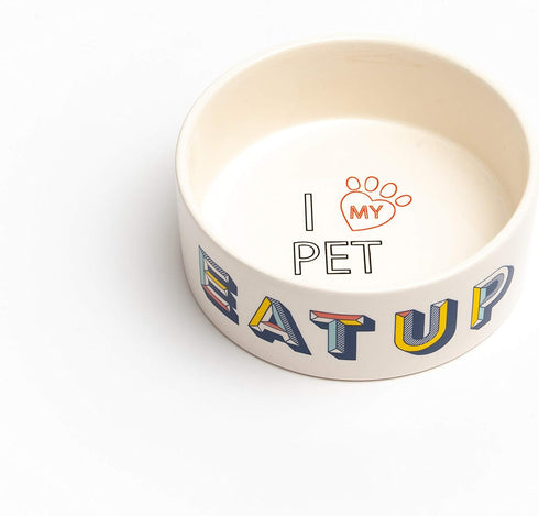 Park Life Designs - Ceramic Bowl for Dogs, Cats and Pets, Stylish Retro Design, Heavyweight and Non Slip, Skid Free, Chew Proof, Durable, Microwave and Dishwasher Safe (Small, Eat Up)