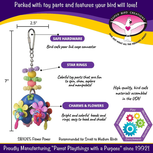 Super Bird Creations SB1085 Flower Power Bird Toy - Ideal for Small/Medium Birds, 7" x 2.5" x 2"