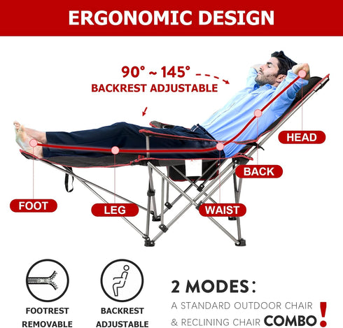 1-Pack, YSSOA Removable Footrest Reclining Camping Chair, Black