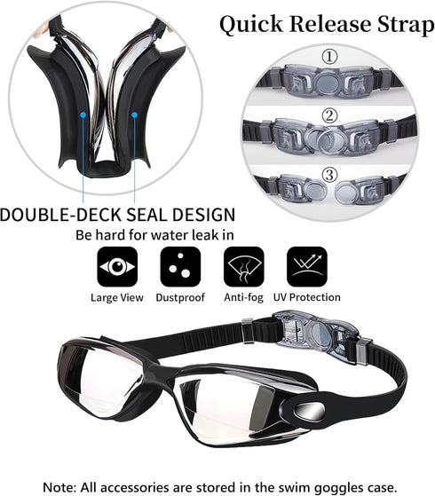 Swim Goggles for Men Women - No Leaking with Nose Clip, Earplugs, Swim Cap and Case