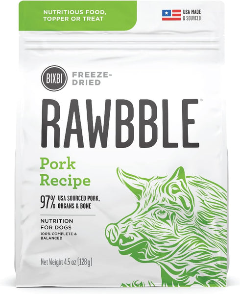 BIXBI Rawbble Freeze Dried Dog Food, Pork Recipe, 4.5 oz - 97% Meat, No Fillers - USA Made Raw Dog Food for Meal or