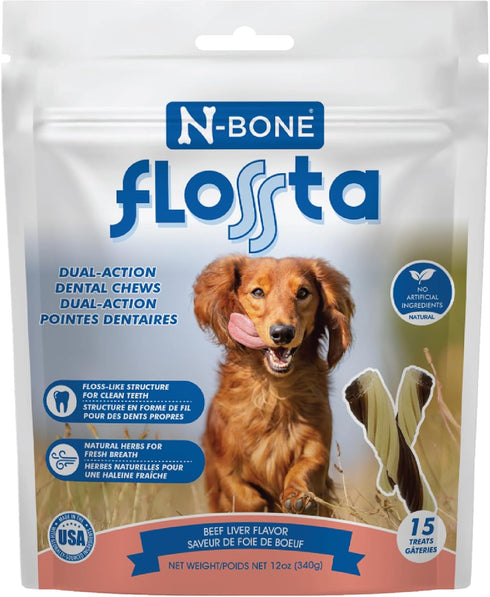 N-Bone FLOSSta Dual Action Dental Chews, Beef Liver Flavor, 12-oz Bag