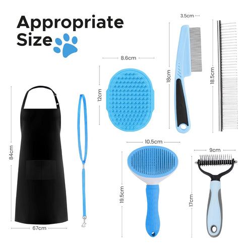 Pet Grooming Kit - Cat and Dog Brushes with Grooming Loop Leash, Apron, Dematting Comb, Slicker Brush, Bath Brush (blue)