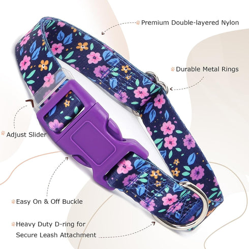 Dog Collar with Purple Flowers Patterns, Adjustable Soft Durable for XS Small Medium Large Dogs (Purple Flowers, XS)