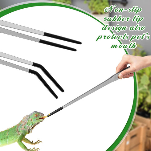 2 Pcs Extra Long Stainless Steel Reptile Feeding Tongs - Rubber Tip Bearded Dragon Aquarium Tweezer Tool (Silver, 18.5