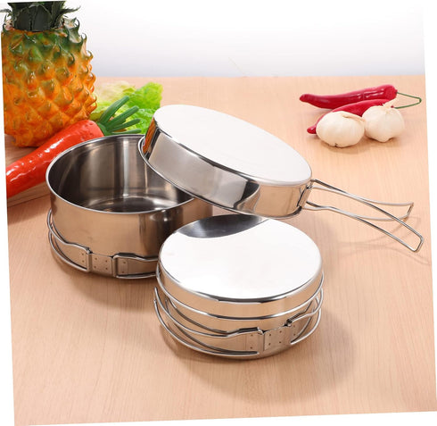 4pcs Set Happyyami Camping Pot Pan Stainless Steel Cookware Non-stick Surface Easy to Clean