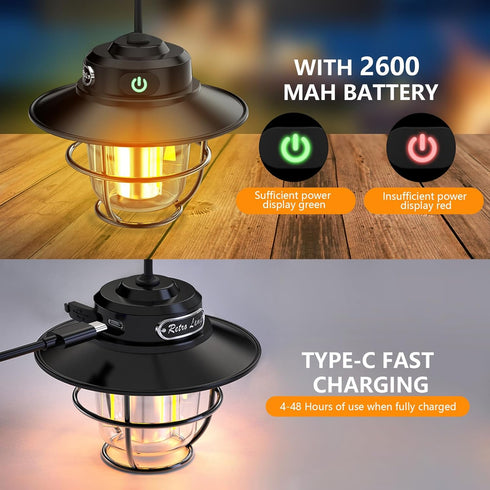 Rechargeable Camping Lantern, Portable Retro Light with 4 Waterproof Modes (1300-6500K) for Camping, Hiking, Emergency,