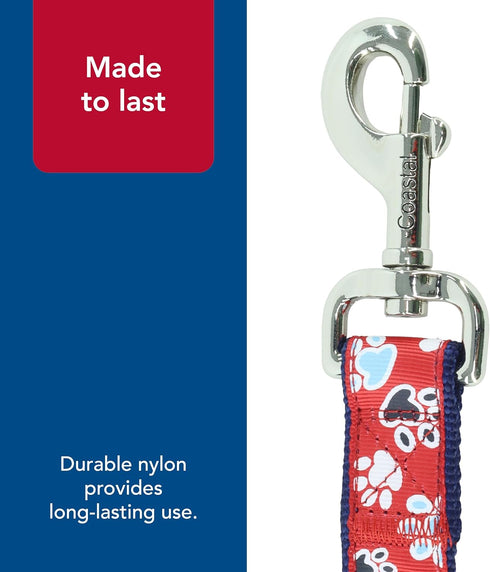 Coastal Pet Ribbon Dog Leash, Durable Fade-Resistant Nylon Material, Red with Paws, 1" x 6'