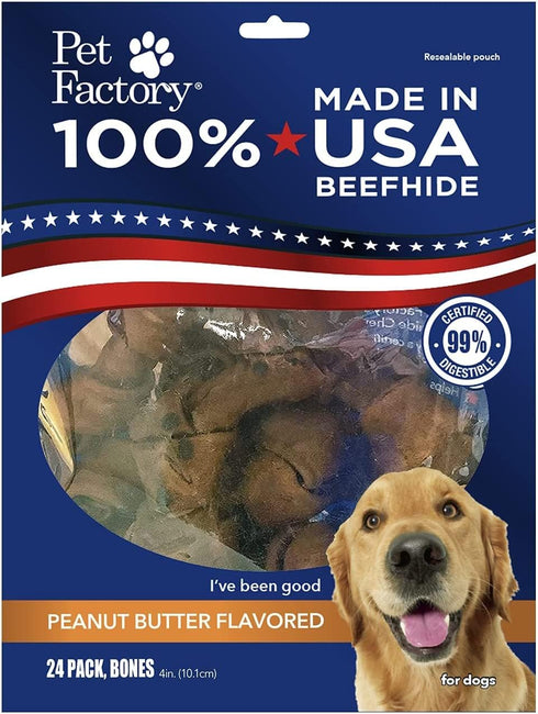 Pet Factory 4" Knotted Bones Dog Chew Treats - Peanut Butter Flavor, 24 Count, 1 Pack - Made in USA