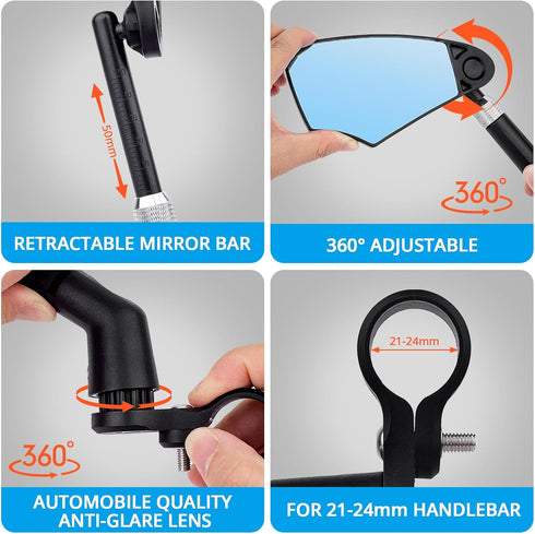 Retractable Bike Handlebar Rear View Mirrors 2 Pack - 360° Adjustable Anti-Glare Glass Lens for Bicycle