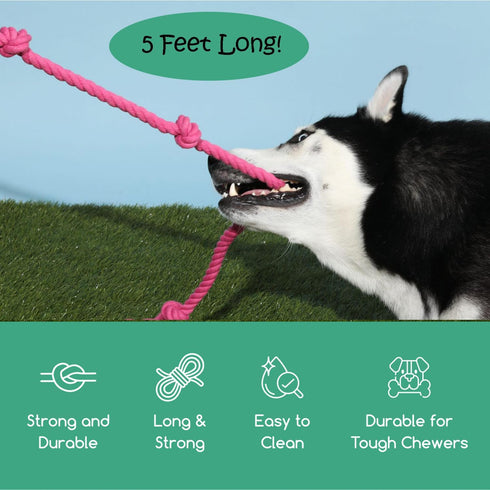 Tough Tug Rope Dog Toy - TUG of WAR Dog Toy (Pink 5 ft Long Strong Durable Rope Pull Toy with Handle)