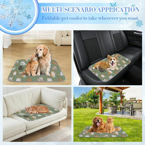 imiBBWQu Summer 27" 22" Dog Cooling Mat Cute Cats Green White Dog Cooling Mat Pad Washable Pad for Outside Beds