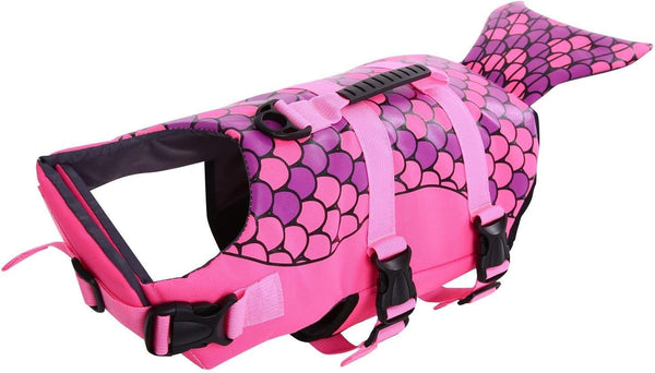 Queenmore Dog Life Jacket, Adjustable Ripstop Shark Safety Vest with High Buoyancy and Durable Rescue Handle, Pink Fish