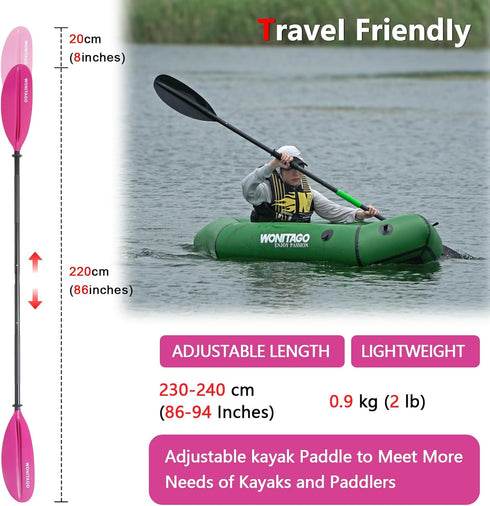 Kayak Paddle with Aluminum Shaft, Nylon Blades, Adjustable 3 Piece Oars, 220-240cm/86-94 Inches, Black/Rose/Teal